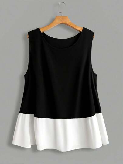 SHEIN LUNE CURVE 大码女式夏季黑白无袖背心，休闲简约，适合日常外出、非正式家居服、度假和旅行休闲装