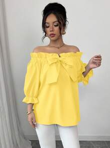 Elenzga New Design Frill Trim Bowknot Women Blouse, Yellow Top - Yellow - View 5