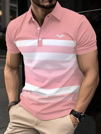 Manfinity Mode Men's Casual Colorblock Striped Short Sleeve Polo Shirt, Summer