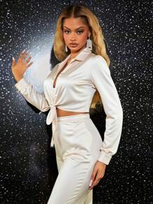 SHEIN SXY Women'S Solid Color Tie Knot Cropped Shirt,Long Sleeve Tops - Champagne - View 5