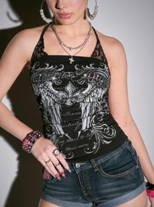 ROMWE J-Fashion 女款 Y2K 演唱会朋克印花二合一撞色蕾丝露背上衣 - 黑色 - 查看 8