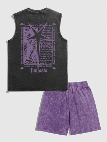Grunge Punk Conjunto informal de 2 piezas compuesto por top sin mangas con estampado de letras y pantalones cortos morados