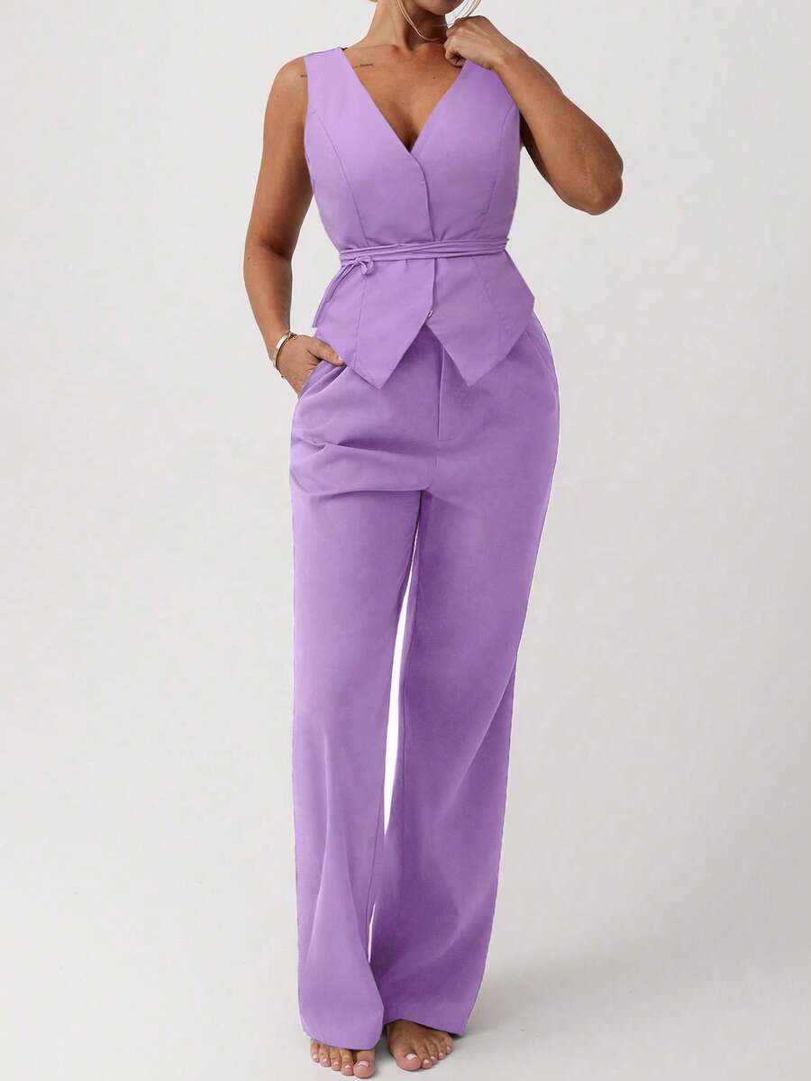 Aloruh Elegant Solid Color Versatile Commuter Suit Jacket, Vest And Pants 2 Pieces Set - Purple - View 1