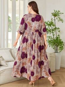 Lacomfia Vestido maxi estilo árabe de línea A con estampado floral para mujer de talla grande