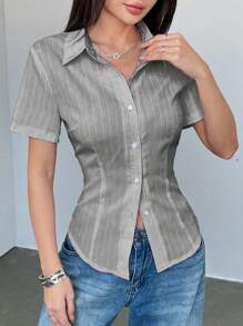 SHEIN Unity 修身简约粉色条纹办公室女士短袖衬衫