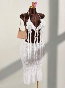 Amplova Ruffle Trim Strap Decor Triangle Bra & Ruched Maxi Skirt 2 Pieces Set - White - View 5