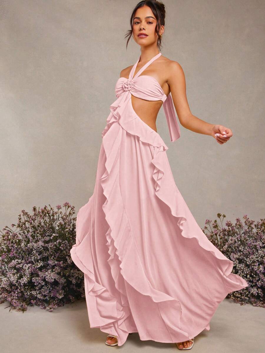 L'Amorae Spring Summer Elegant Rosette Halter Neck Ruffle Maxi Dress - Pink - View 1