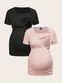SHEIN Maternity Casual Solid Color Short Sleeve Nursing Dress For Summer,Maternity Clothes - Multicolor - View 14