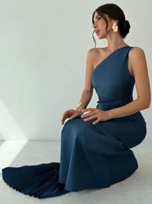 Firerie Women's Elegant Refined Romantic Date Party Prom Resort Asymmetrical Ruffled Hem One Shoulder Long Dress, Dark Green - Dark Green - View 8