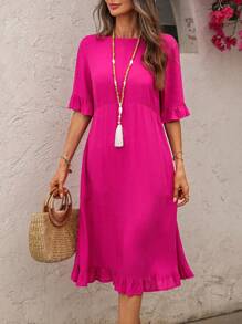 EMERY ROSE Vestido de unicolor de manga corta de largo medio para mujer, de moda para el verano - Rosa Fucsia - Ver 6