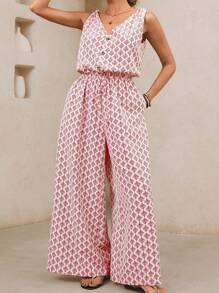 SHEIN VCAY Plus Size Women's All-Over Print Button Design Pocketed Wide Leg Jumpsuit, Suitable For Vacation - Red - View 4