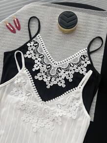 2 pièces Ensemble Top de Pyjama Femme Débardeur en Dentelle Contrastante