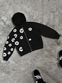 Manfinity EMRG Plus Size Men's Floral Print Zip-Up Hoodie Sweatshirt, Fall