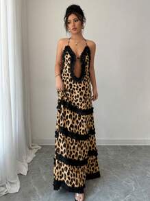 Breezaya Váy đi biển hở lưng họa tiết da báo đen viền ren - màu nâu - Xem 4