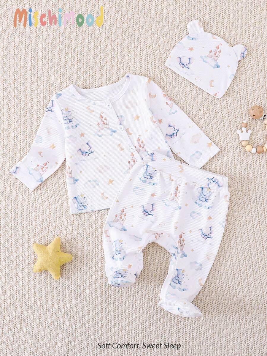 Set de 3 piezas de pijama informal y cómodo para recién nacidos con estampado de elefante, castillo, nubes y luna, de manga larga y pantalones - Multicolor - Ver 1