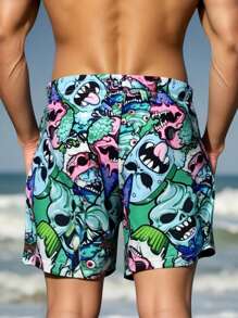 Manfinity Swimmode Men's Cartoon Skull Print Drawstring Waist Loose Casual Beach Shorts Men Matching Swim Trunks Men Swim Trunks Matching Men Swim Trunks Bathing Suit Beachwear Men Swim Trunks Matching,Outdoor Beach Shorts,Quick Dry, Hawaiian BeachModeOn Beach Wear Men Beach Shorts Men Vacation Men Beach Shorts Mens Beachwear