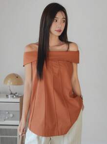 DAZY Áo cánh vải lanh trơn màu xếp ly hở vai phong cách nghỉ dưỡng mùa hè - Lạc đà - Xem 2