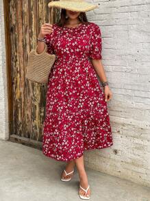 SHEIN VCAY 大码女式碎花泡泡短袖优雅度假迷你连衣裙