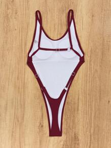 Swim SXY Women's Solid Color High-Cut One-Piece Swimsuit, For Summer Beach & Vacation Red Burgundy - Burgundy - View 4