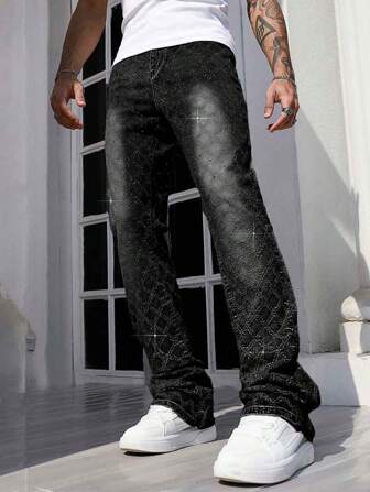 Street Life Men's Casual Distressed Wash Rhinestone Decor Denim Jeans