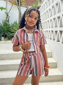 SHEIN Tween Girl Spring And Summer New Casual Vacation Shirt Collar Open Placket Short-Sleeved Cropped Top + Fitted Shorts Colorful Striped Tween Girl Two Pieces Set.Mommy And Me Matching Outfits(2pieces Are Sold Separately) - Multicolor - View 11