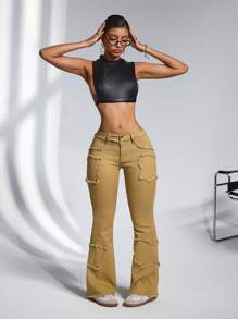SHEIN ICON Women's Simple Front Button Pocket Frayed Hem Casual Jeans, Everyday Wear