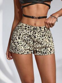 SHEIN ICON Women's Leopard Print Pocket Casual Versatile Denim Shorts - Multicolor - View 4
