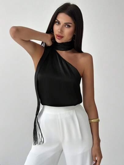 Firerie 露肩单肩纯色缎面绿色缎面通勤衬衫，情人节、婚礼季、圣帕特里克节、春夏季新品