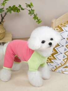 PETSIN Fuchsia & Green Contrast Color Casual & Sports Inspired "Goodluck" Small Dog Embroidered Lightweight, Breathable Adjustable Pet Jumpsuit, Suitable For Spring/Summer - Red - View 4