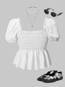 SHEIN Explorewe Tween Girl Front Bow And Shirred Waist Ruffle Hem Shirt