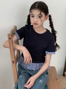 DAZY Tween Girl Tween Girls Round Neck Knit Plaid Splicing Short Sleeve T-Shirt, Summer,Back To School Clothes - Navy Blue - View 8