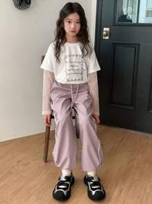 DAZY 2pcs/Set Tween Girl Crew Neck Printed Short Sleeve T-Shirt + Long Pants Set, Spring/Summer,Back To School Clothes - White - View 7