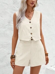 Wildy Women Summer V-Neck Buttoned Cardigan Shirt With A-Line Short, & Relaxed Shorts 2-Piece Set - Beige - View 3