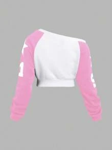 SHEIN Unity Contrast Color Collegiate Style Pink Oversized Asymmetrical Neck Long Sleeve Sweatshirt,Graduation,Teacher,Back To School Pullover Fall - Pink - View 2