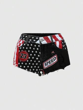 ROMWE Avant Distressed Low Waist Denim Shorts With USA Flag Patchwork