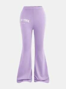 SHEIN 2 件套青少年女孩休闲简约字母印花宽松短袖 T 恤和阔腿裤套装 - 淡紫色 - 查看 8