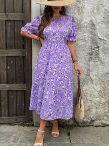 SHEIN VCAY Plus Size Ditsy Floral Puff Sleeve Casual Dress - Purple - View 1