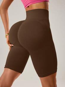 Easithlete 纯色高腰无缝修身高弹力运动短裤女士运动短裤、健身短裤、骑行短裤 - 咖啡棕 - 查看 3
