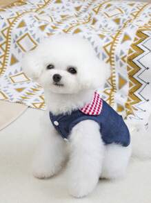 PETSIN Navy Blue Cute Rabbit Pattern Pet Dress With Plaid Collar, Simple & Casual Design, Lightweight & Breathable, Suitable For Cats & Dogs, Popular In Europe & America, Spring/Summer - Navy Blue - View 4