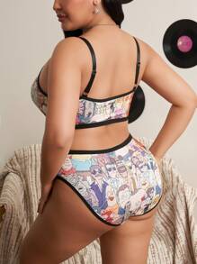 Rick and Morty X SHEIN Plus Size Comfortable Cartoon Graphic Removable Soft Cup And Panty Set, Wire-Free,Sport,Yoga - Black - View 2