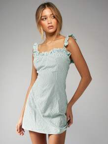 MISSGUIDED Minidress estiva a quadretti con volant sulle spalline, scollo quadrato, adatta per look cottage core, primavera/estate, adatta per tè in giardino, picnic, campagna