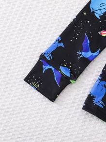 2 pièces Ensemble de pyjama à manches longues ajusté et confortable avec dinosaure luminescent dans le noir, pour jeune garçon à la mode - Noir - Voir 7