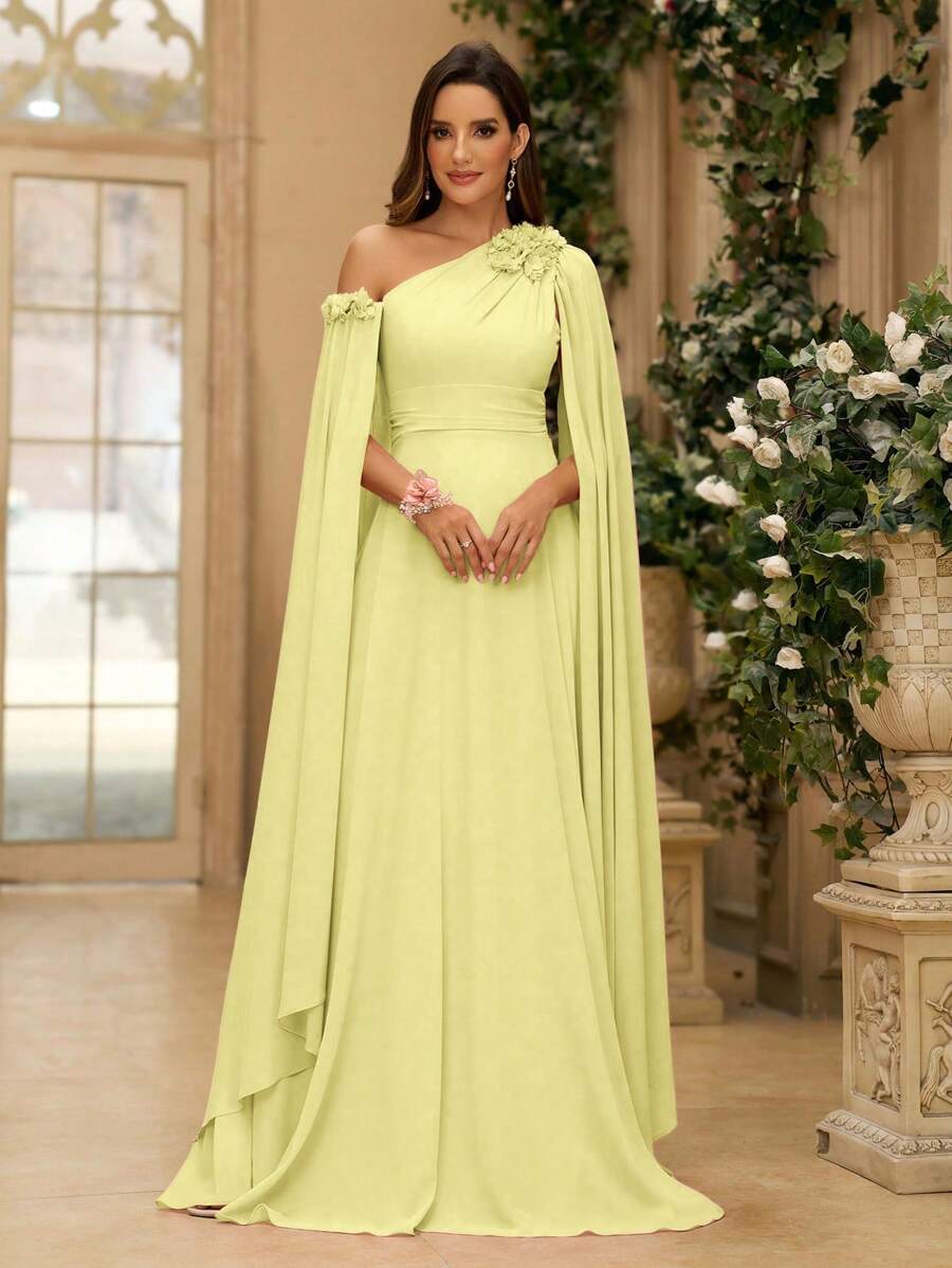 SHEIN Belle Váy phù dâu bằng vải voan cổ bất đối xứng, họa tiết hoa 3D, tay bồng, váy dạ hội cho nữ (có đính đá), trang trọng, váy dự tiệc, dành cho khách dự tiệc cưới - Màu vàng - Xem 1