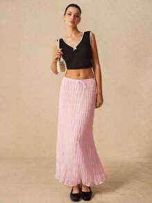 Poéselle Women Solid Color Minimalist Drawstring Skirt - Baby Pink - View 3