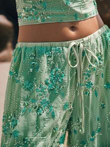 Poéselle Sequin Embroidered Wide Leg Pants – High Waist Drawstring Boho Beach Trousers For Summer,Wide Leg Pants, Beach Pants, Embroidered Trousers, Boho Pants, Summer Pants Women, Flowy Pants, Y2k Fashion, Vacation Outfits Women Sage Green Dress - Green - View 3
