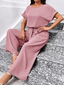 SHEIN Clasi 加大码优雅圆领阔腿连体裤，配腰带 - 粉色 - 查看 6