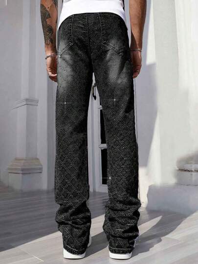 Street Life Men's Casual Distressed Wash Rhinestone Decor Denim Jeans