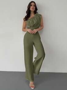 Firerie 情人节新款优雅简约通勤白色连体裤，3D结构褶皱设计，无袖收腰，修身版型 - 軍綠色 - 查看 3