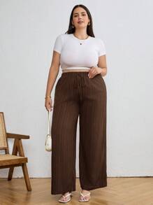 SHEIN Tall CURVE 夏季休闲纹理阔腿七分裤 - 咖啡棕 - 查看 6