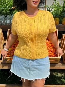 SHEIN EZwear Women's Plus Size Knitted Fabric Top, Casual Short Sleeve Round Neck Button Front Semi-Sheer Cable Knit Top In Yellow - Yellow - View 1